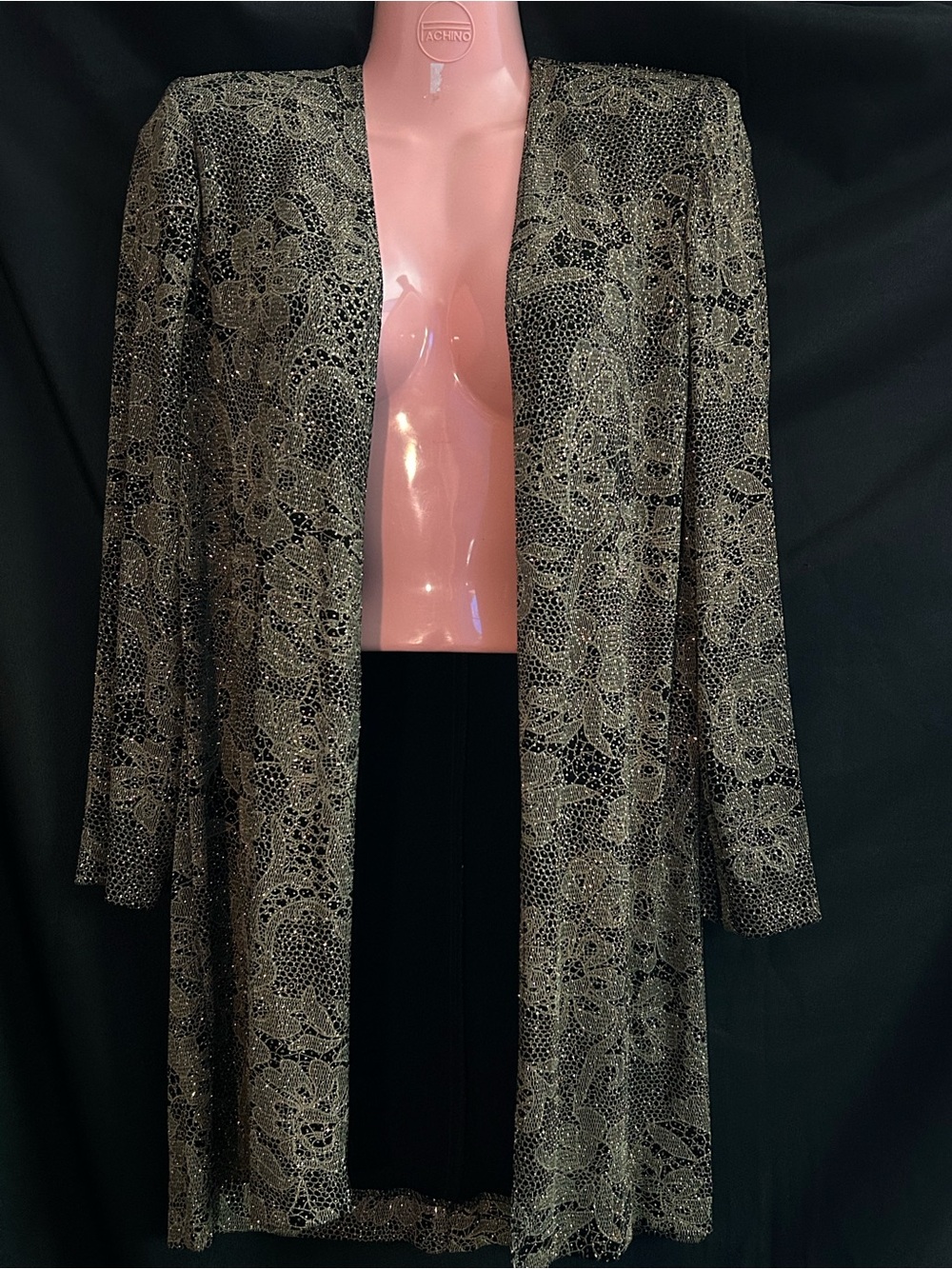 R&M Richards Metallic Lace Open Front Duster Cardigan Gold & Black 6 Petite
